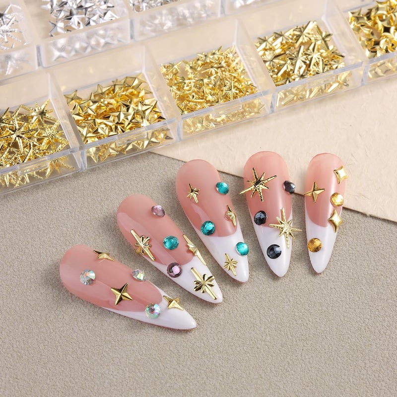 furtherpretty Gold Star Nail Charms, 3D Silver Nail Charms Metal Studs Cross Star Celestial Nail Decorations, Flat-Back Nail Art Accessories with Tweezers for Women, Manicure Salon Supplies - Image 5